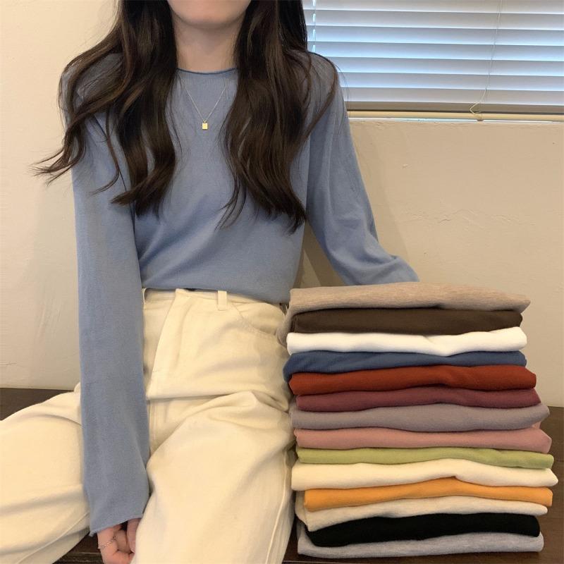 Lazy wind crimped knitted sweater women's early spring simple fashion long-sleeved inner top bottoming shirt