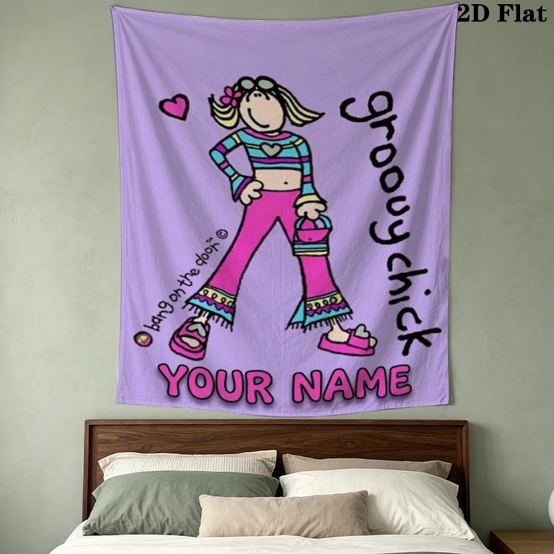 Custom Name Groovy Chick Pattern Wall Tapestry Aesthetic Wall Hanging Printed Fabric Blanket Decorative Tapestries for Bedroom Living Room Home Decor