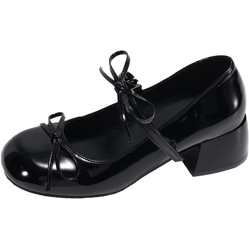 

Весна 2025 новые простые модные туфли-лодочки на толстом каблуке с квадратным носком, трендовые маленькие кожаные туфли с бантом 35 чёрный