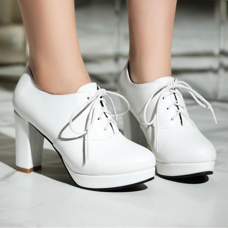 Damskor Höga Klackar Loafers Platform Mode Snörning Svart Vit Röd Klackade Fest Bröllop Kontorsskor Dam Stor Storlek 45