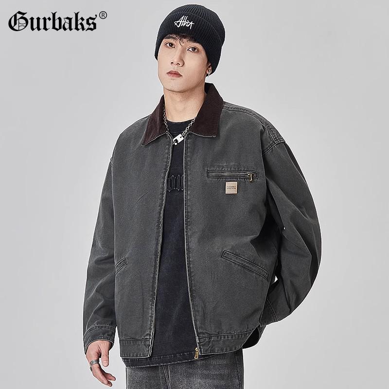 

GURBAKS Vintage Distressed Washed Jacket for Men - Heavyweight Colorblock Lapel Workwear. XXXXL