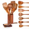 5/6/7/8/9/10pcs Wooden Spoons for Cooking, Wooden Utensils for Cooking with Utensils Holder, Wooden Kitchen Utensils Set