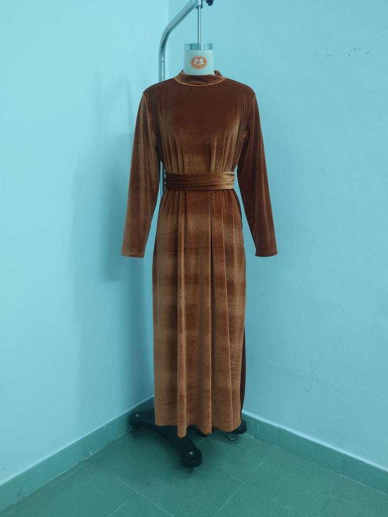 2025 Women's Elegant Gold Velvet Long Sleeve Waist-Gathering Big Swing Dress for Autumn/Winter