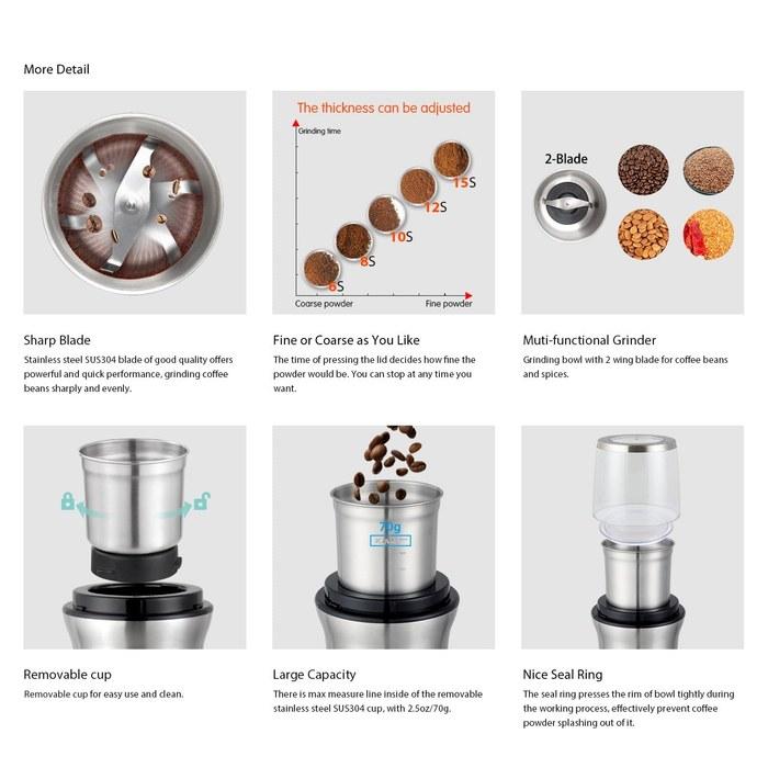 DR MILLS DM-7412(N.) Elektrisches Gewürz- & Kaffeemahlwerk, Abnehmbarer Becher, Waschbar, SUS304 Edelstahlklinge & Becher, Edelstahlfarbe,
