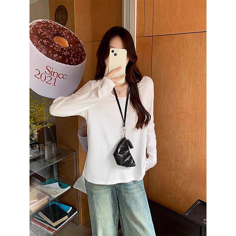 

Женская белая футболка с длинным рукавом и V-образным вырезом - Весенне-осенний повседневный базовый топ Large белый