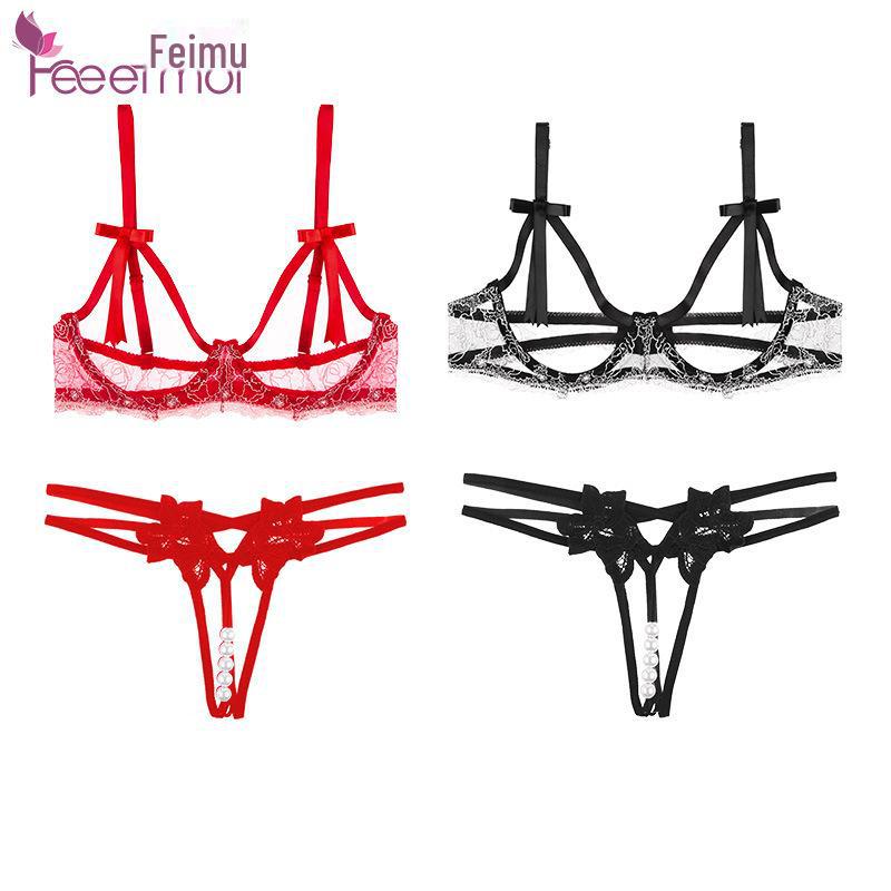 Feimu Pearl Temptation Open Crotch Lingerie Set - Bikini & Panties