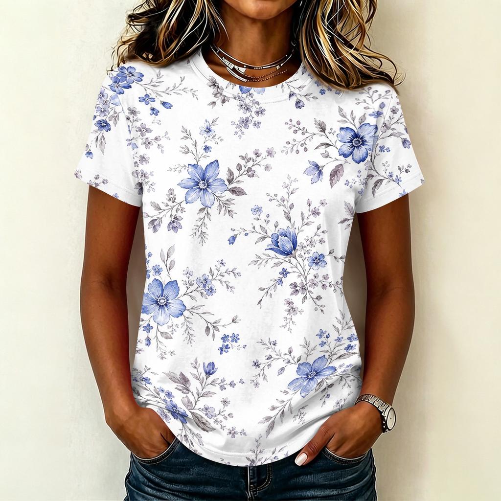 Women's Casual Crew Neck Short Sleeve Pullover T Shirt Floral Print Top Lightweight Soft Fabric Comfortable Fit