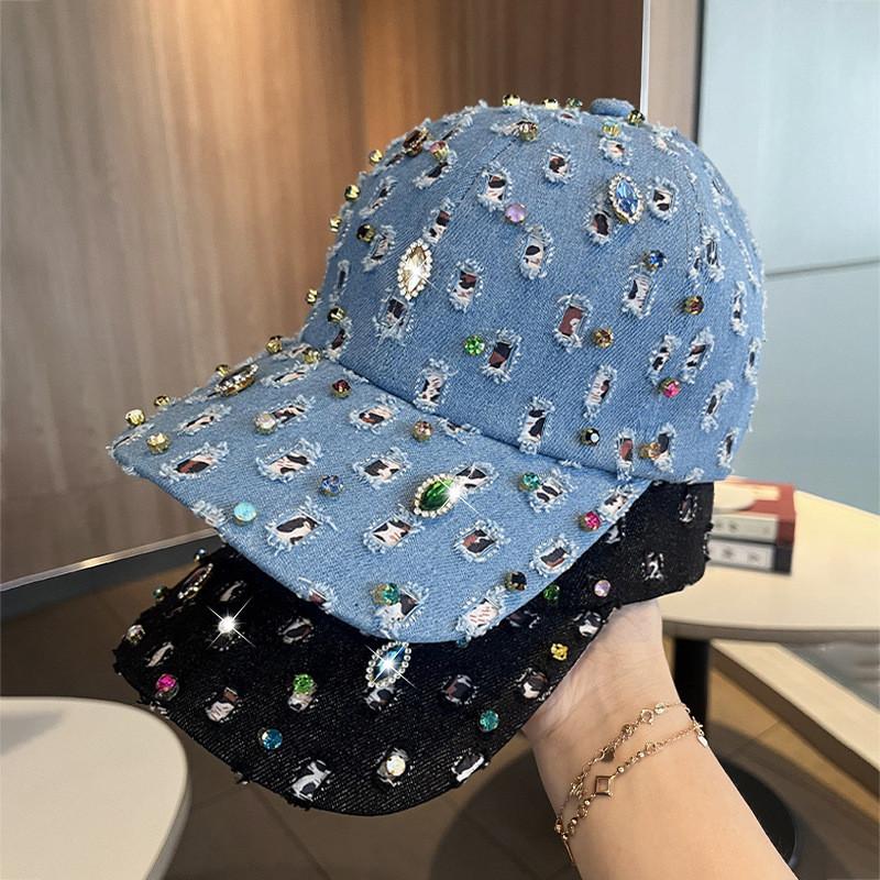 Womens Adjustable Denim Cap With Sparkling Rhinestones And Sunshade For Casual Wear