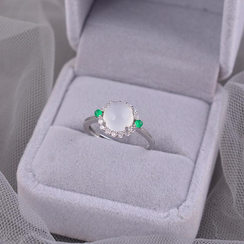 

Sterling Silver Chalcedony Cabochon Women s Ring, Luxury Niche Style with Zircon Imitation Jade and Engraving