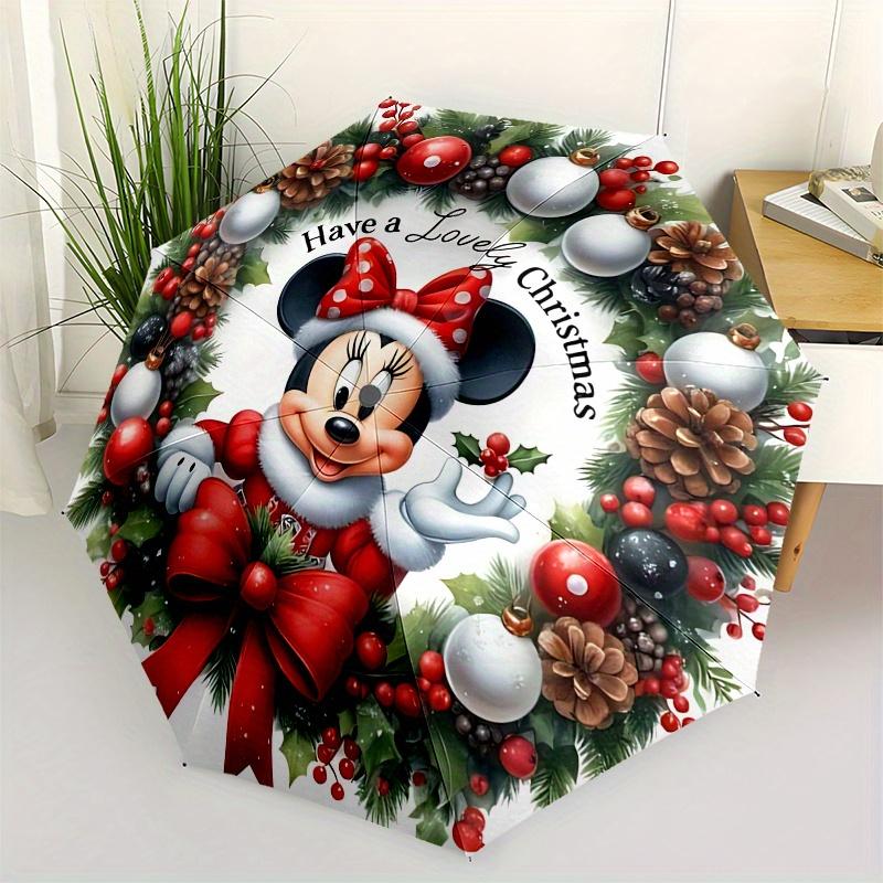 

Minnie Mouse, Christmas wreath Automatic Opening and Closing Umbrella - 8 Ribs Portable Folding Umbrella with Plastic Handle, Suitable for L