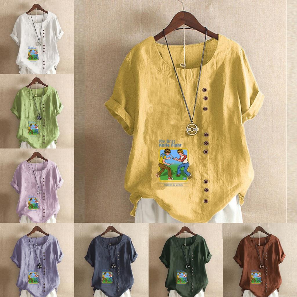 Women's Fashion Playing Children Print Short Sleeve T-shirt Loose Cotton Shirt Casual Loose Summer Blouse Tops Plus Size