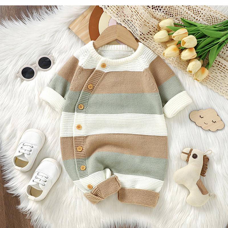 Winter Baby Strampler Kleidung Warm Strick Gestreiften Strampler Jungen Mädchen Overalls Herbst Ein Stück Herbst Infant Unisex Playsuits