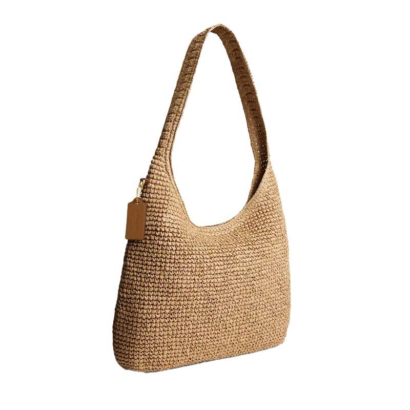 Coach Brooklyn 34 Magnetic Closure Straw And Calfskin Shoulder Bag Large Women Shoulder Bag Light-Brown CDZ38-B4NA