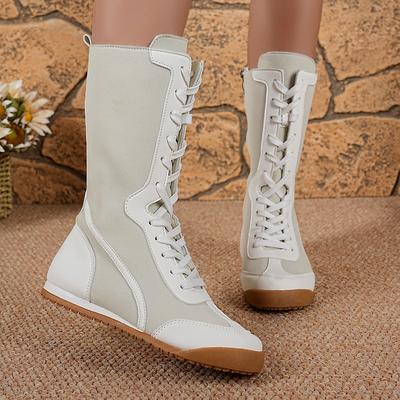 35-43 Übergrößen Schuhe für Damen Herbst Winter Mode Damen Schnürung Plateau Keilabsatz PU Rutschfest Wadenhohe Stiefel Damen Schuhwerk