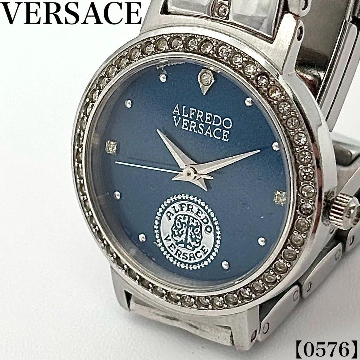 Used Working item Working item Alfredo Versace Ladies Quartz Watch Blue Dial Rhinestone Bezel Silver Stainless Steel Retro Vintage Delicate 0576