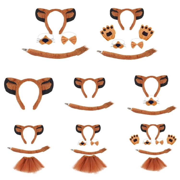 Set Cerchietto Capelli Leone Coda Peluche Naso Finto Orecchie Cane Fascia Gonna a Rete Marrone Set Cosplay Animali per Halloween