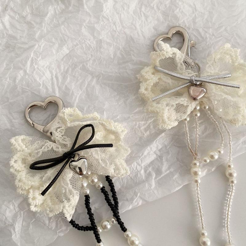 Ins Sweet Style Lace Bowknot Keychain Y2K Aesthetic Imitation Pearls Tassel Bow Keyring Exquisite  Bag Charms Key Pendant