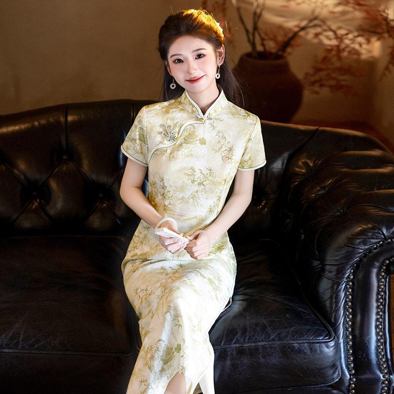 Green national style, new Chinese Suzhou long cheongsam, improved young 1011 new women's high-end sense, daily wear