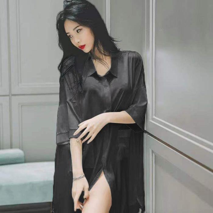 

Pajamas women s summer thin loose chiffon boyfriend style shirt temptation nightdress medium and long can be worn outside loungewear 175(XXL) чорний