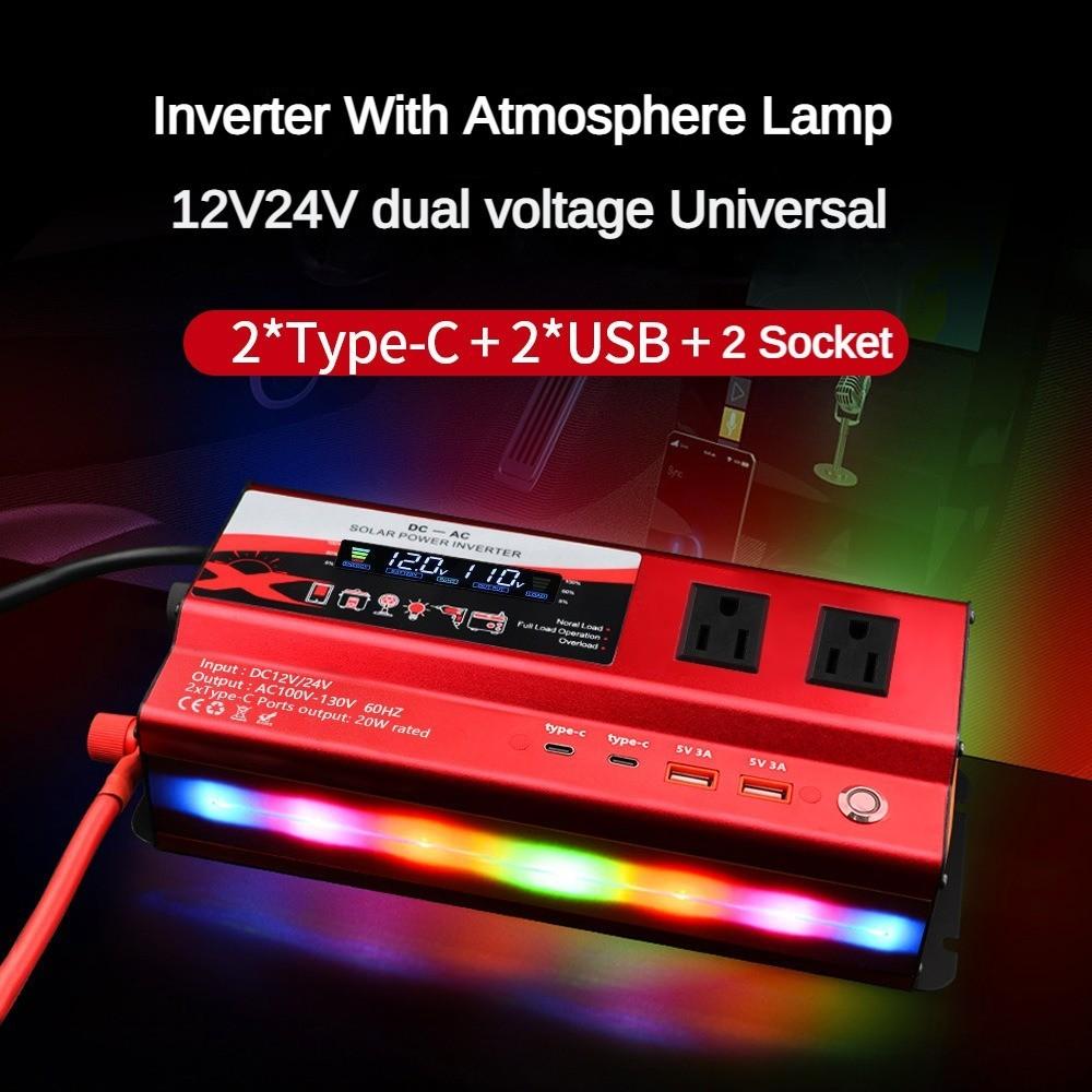 3000W/4000W/6000W High Power Portable Car Inverter Household Intelligent Display Power Inverter 12V/24V to 110V Voltage Converter With Light