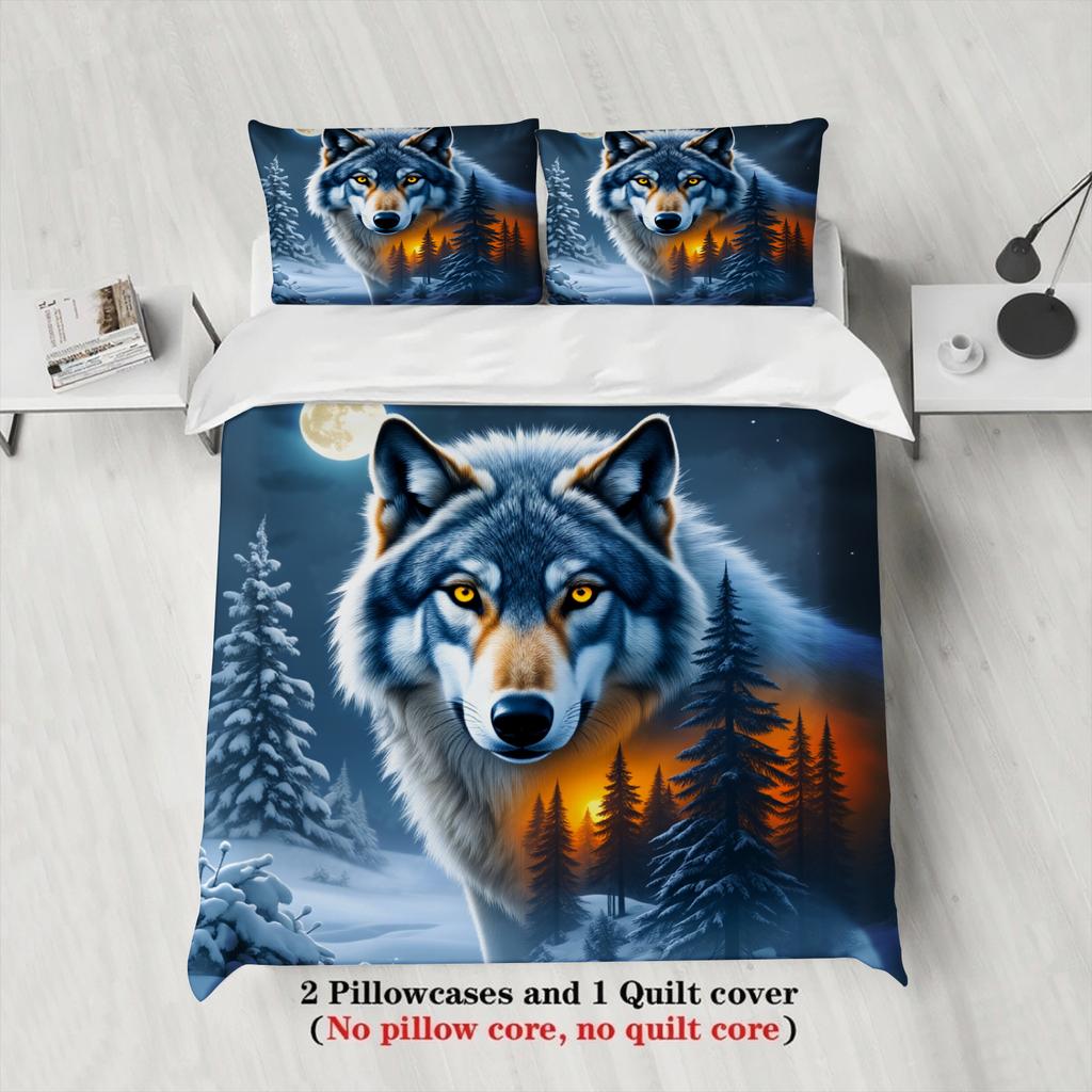 3pcs Wolf Bedding Sets 3D Printed Wildlife Pattern Anti-Slip Easy Care Durable Duvet Cover Sets With Pillowcases No Filling