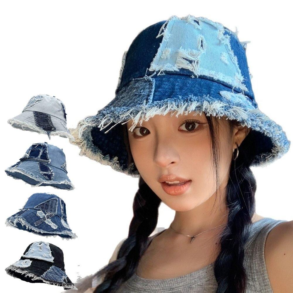 Beggar Style Retro Fisherman Hat Patched Sun Protection Basin Cap Fashion Denim Bucket Hat  Women