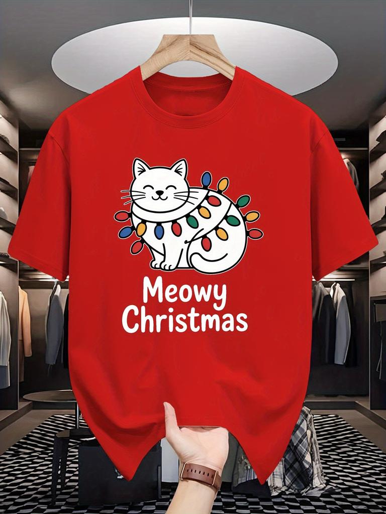 Unisex Crew Neck Tee Xmas Cat Meowy Color Lights Graphic Print Soft Cotton Loose Short Sleeve Summer Casual Male Streetwear Tops
