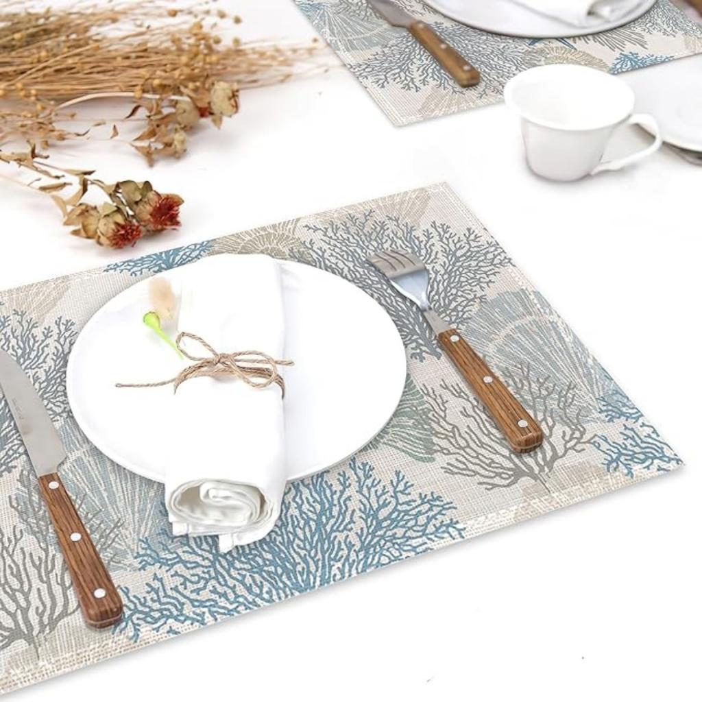 4KS Prostírání Oceán Korál Zelené Letní Korálový Útes Lněné Stolní Podložky Námořní Moře Mořské Mořské Řasy Žáruvzdorné Prostírání pro Stolování Kuchyň 32x45cm