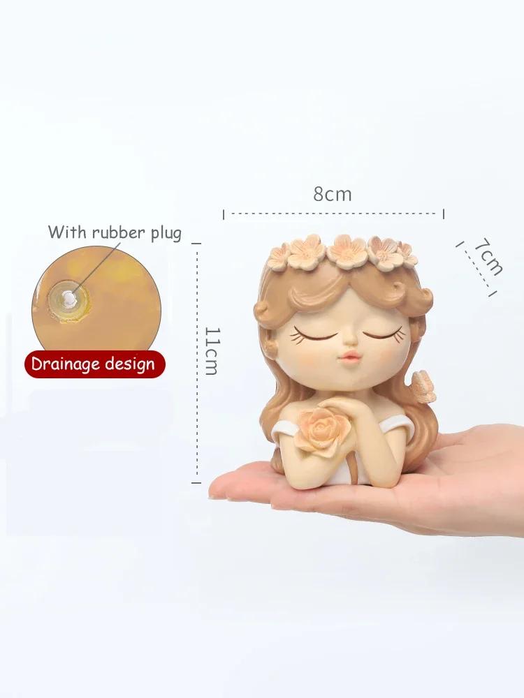 Cute Girl Small Plant Pot Resin Succulent Planter for Home Office Desk Mini Ornament Fairy Garden Flowerpot Decoration