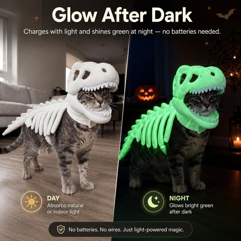 50cm Dinosaur Skeleton Glow in Dark Cat Costume Pet Clothes for Halloween Cosplay Party Dinosaur Skeleton Pet Costume