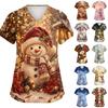 Women's V-Neck Christmas Print Scrub Top Short Sleeve Uniform with Pockets and Side Slits