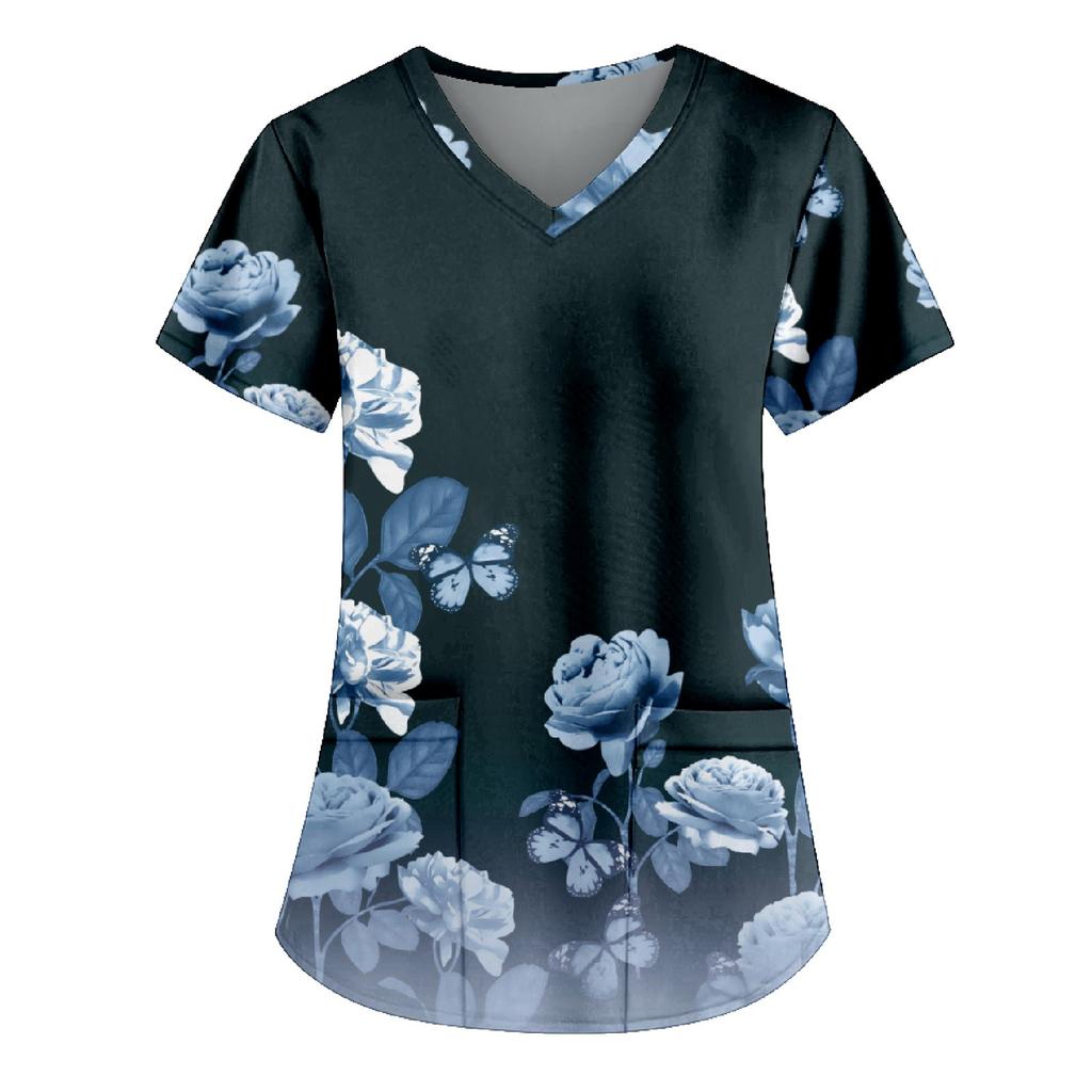 Women's Fashion Printed Work Uniform With Pocket T-Shirt Short Sleeve Top
