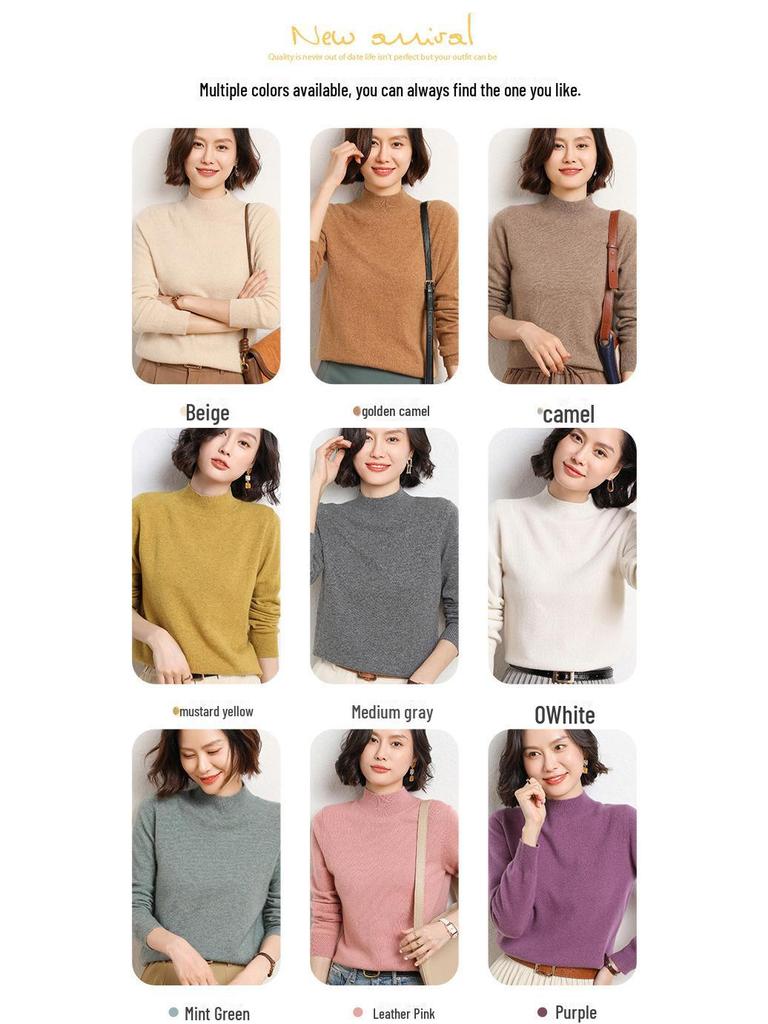 2026 New Women's Korean Style Half-High Collar Long-Sleeve Solid Color Sweater Pullover