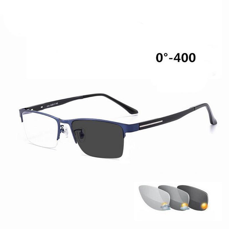 Outdoor Shade Anti-UV Semi-Rimless Photochromic Gray Square With Prescription Eyeglasses Alloy Metal Short-sighted Eyewear 0 -0.5 -0.75 Up To -6