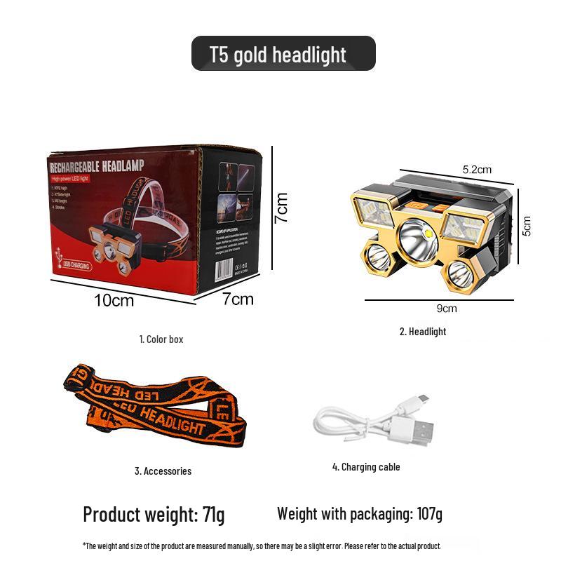 

High-Intensity 5-LED Rechargeable Headlamp with Lithium Battery for Long-Range Outdoor Activities