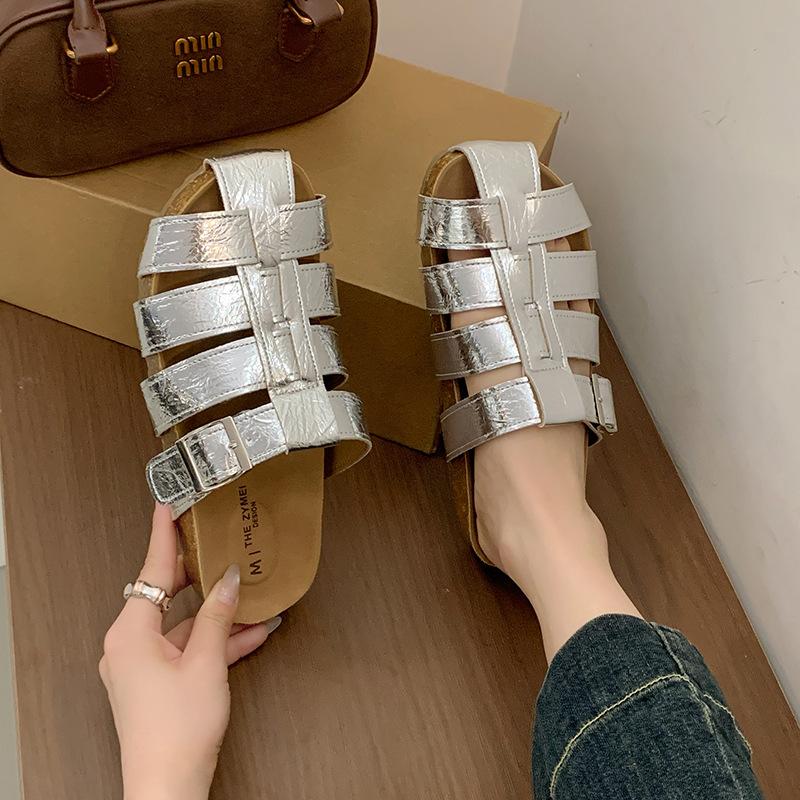 

2025 summer new fashion hollow woven Korean version versatile one-pedal lazy Roman beach casual cool slippers 40 серебряный