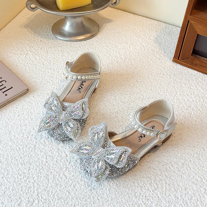 2026 New Rhinestone Bow Princess Leather Sandals for Girls