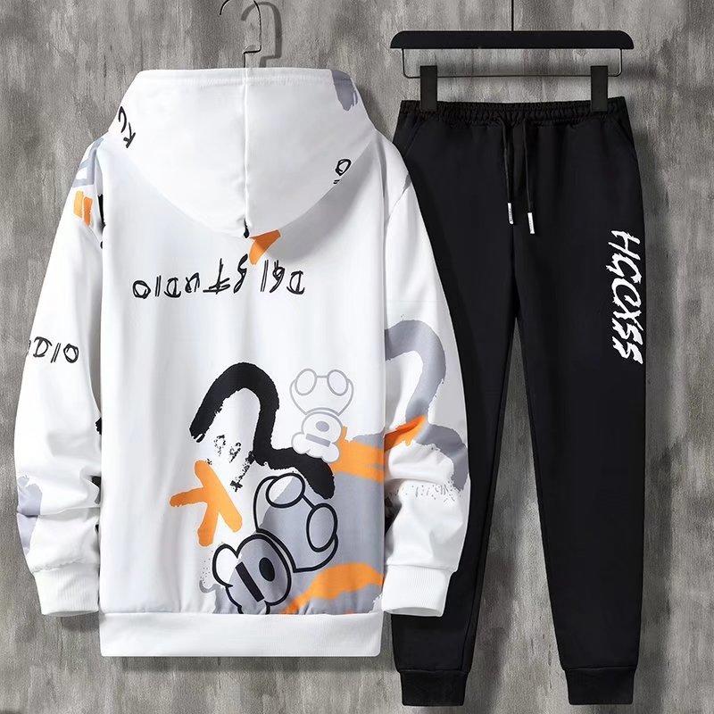 2 Pcs/Set Men Coat Pants Suit Hooded Letter Print Drawstring Loose Jogging Set Hip Hop Ankle-banded Men Sportwear Tracksuit