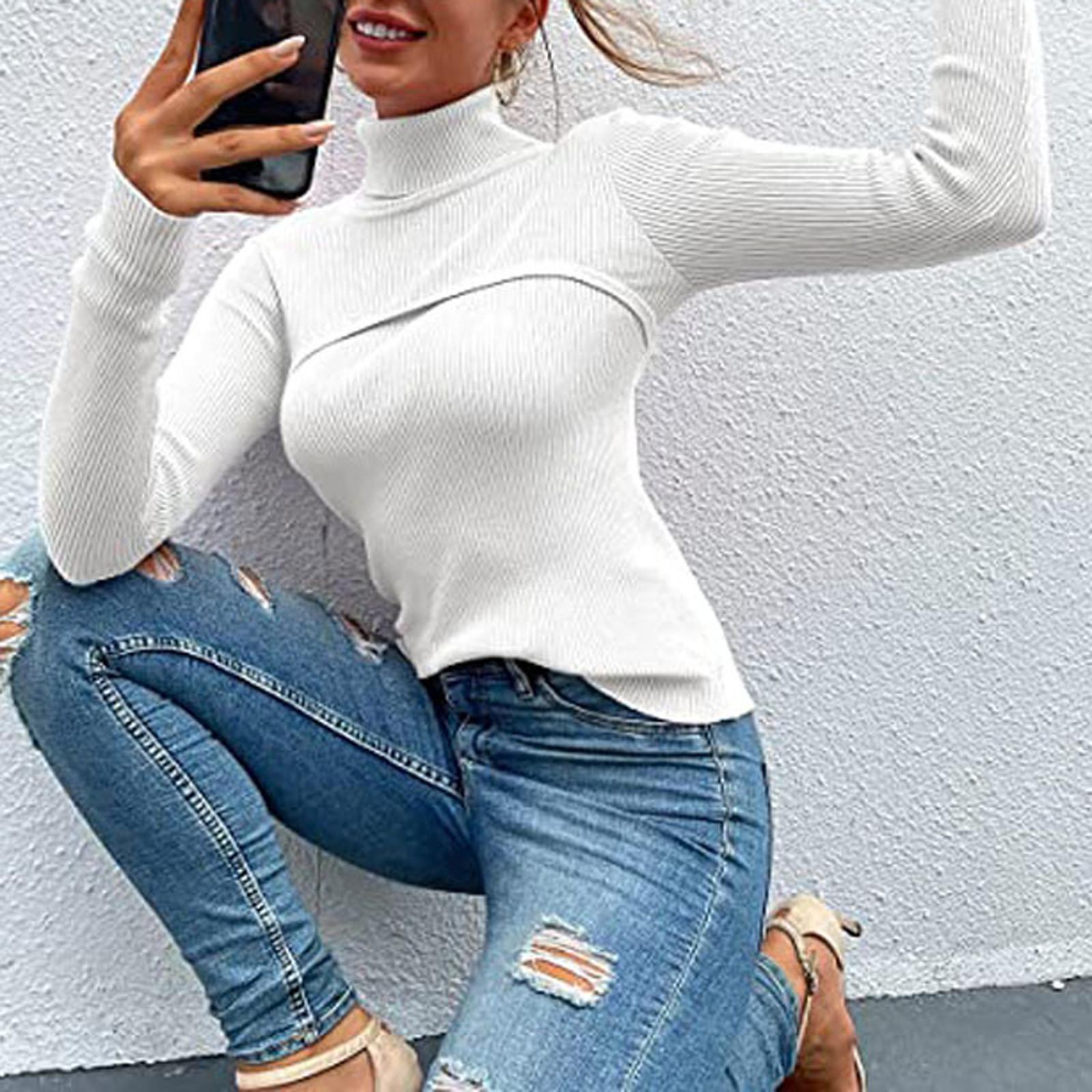 

Женский вязаный свитер с высоким воротом, длинный рукав, мягкий облегающий пуловер, однотонные зимние свитера S белый