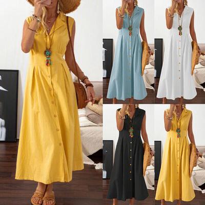 Cotton Linen Dress New Style Suit Collar Solid Button Long Dress