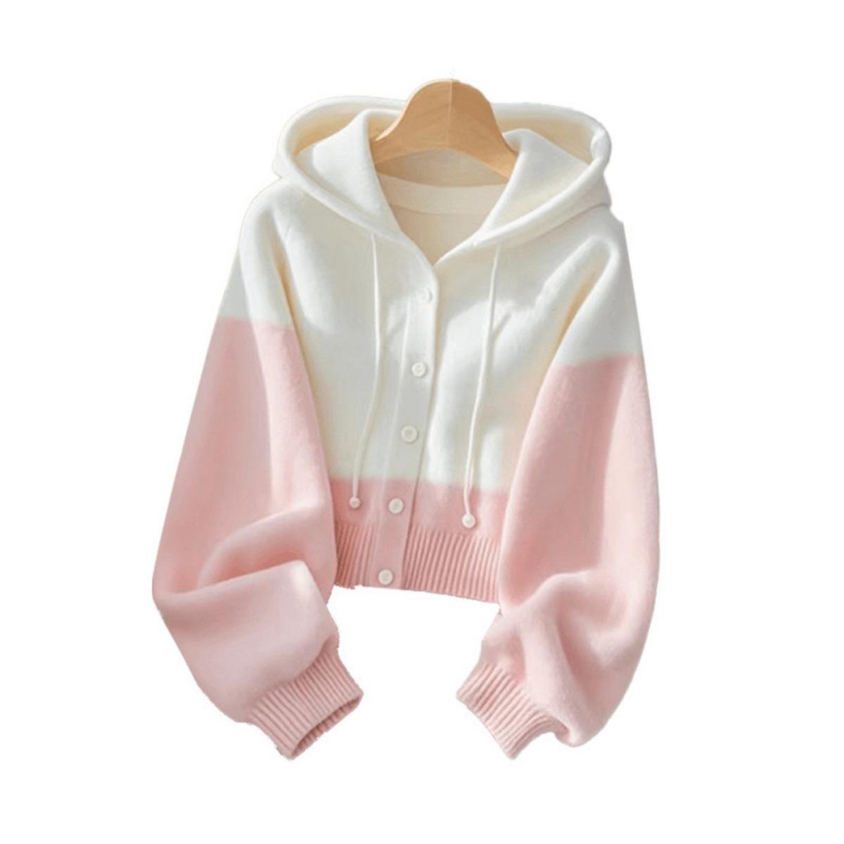 

Корейский розовый лоскутный вязаный свитер с капюшоном, женский новый ленивый и высококлассный вязаный топ S розовый