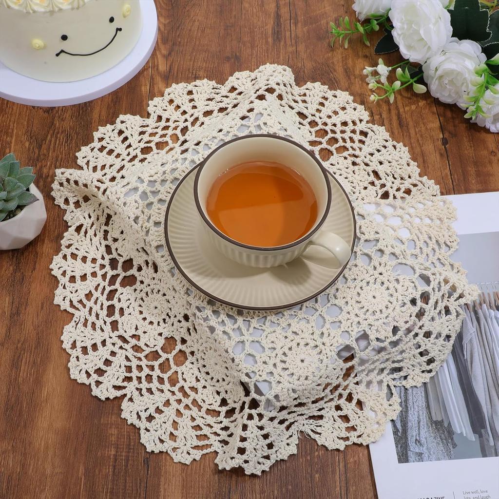 Crochet Doilies for Tables, 15.7inch/40cm Vintage Handmade Doilies for Furniture, Cotton Round Knitted Lace Placemats for Home Kitchen Dining Room