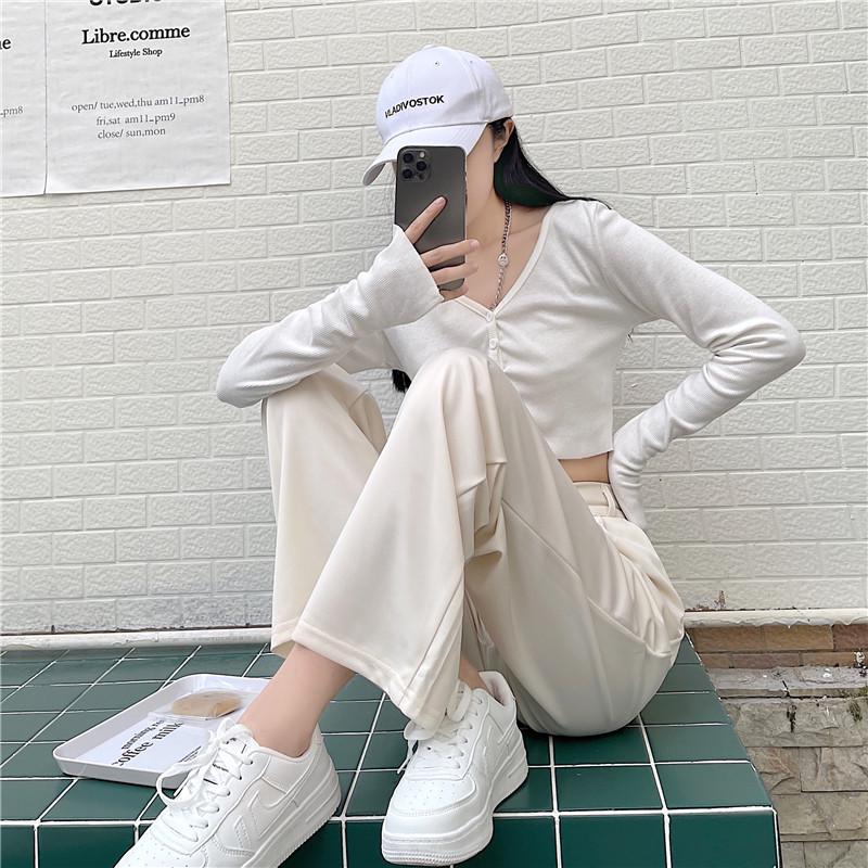 Milk Tea High Waist Wide-Leg Draped Trousers - Women's Floor-Length Casual Pants