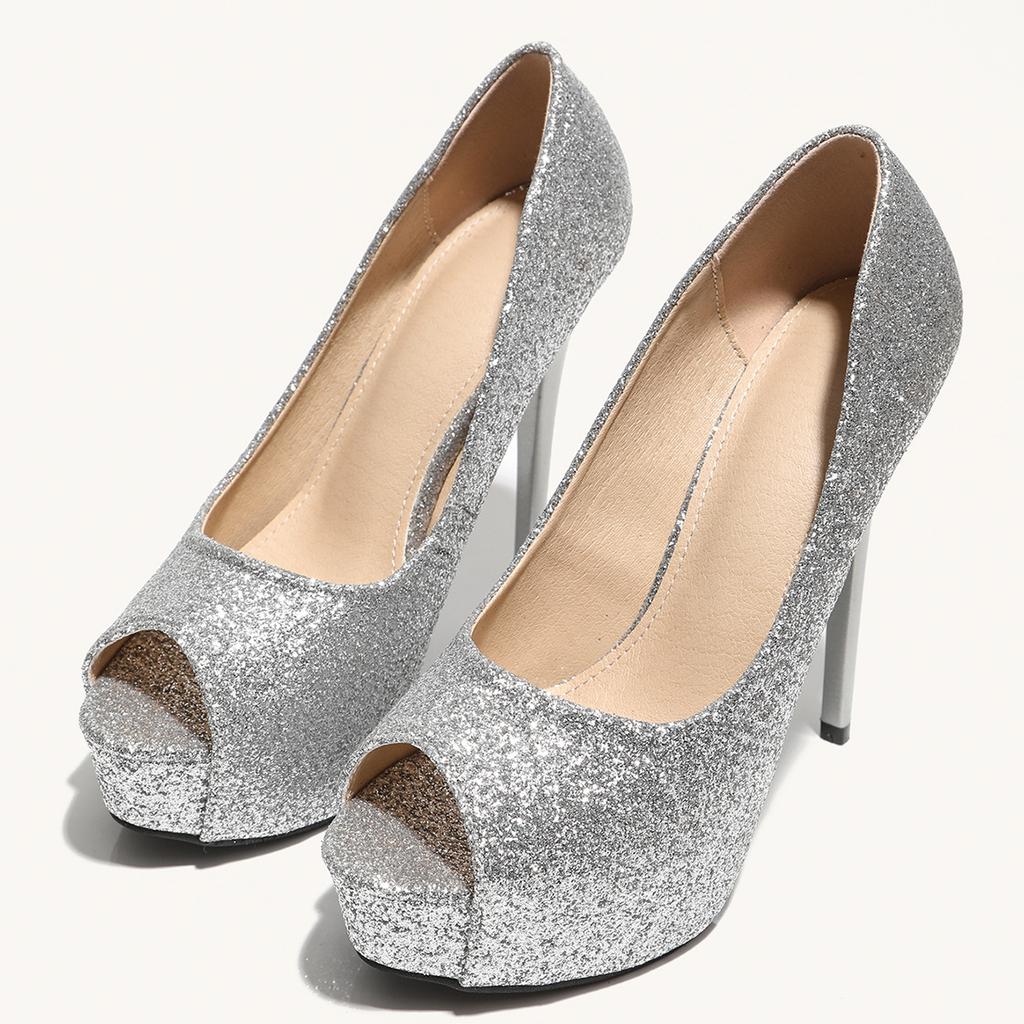 Spring and summer new sequined Glitter super fish mouth high heel waterproof table wedding shoes performance stage catwalk nightclub