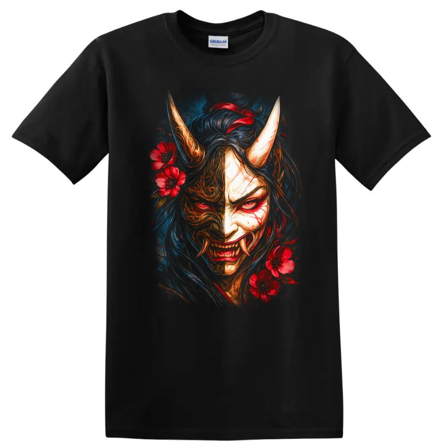 Japanese Style Demon Mask T Shirt Bloodthirsty Graphic Tee W/ Floral Accents