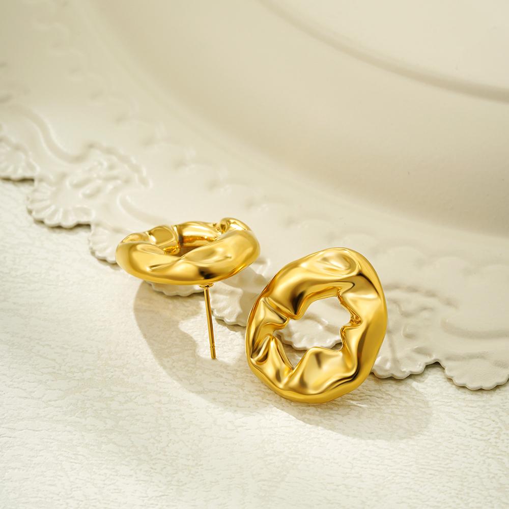 Simple Round Hollow Stud Earrings for Women Fashion Gold Plated Irregular Fold Texture Geometric Earring Trendy Jeweley Gift