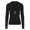 European-American Street Style Metal Buckle Solid Long Sleeve Slimming T-shirt