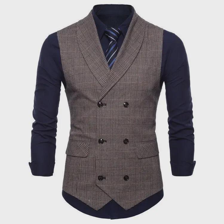Spring & Autumn Men's Double-Breasted Plaid Suit Vest - Korean Slim Fit