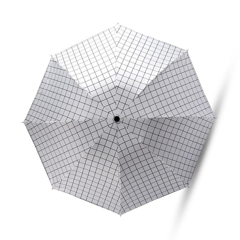 Portable Umbrella Tri Fold 8 Ribs Rain Sun Dual Use Windproof Foldable Plaid Pattern Umbrella for Outdoor Travel White