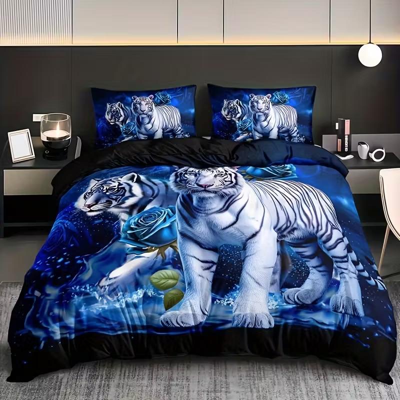 

3 шт. Набор пододеяльников с рисунком тигра и синей розы Или постельное белье для дома и общежития Цветочный животный Легкий в уходе Полный комплект постельного белья Идея для подарка 135x200cm 3PCS